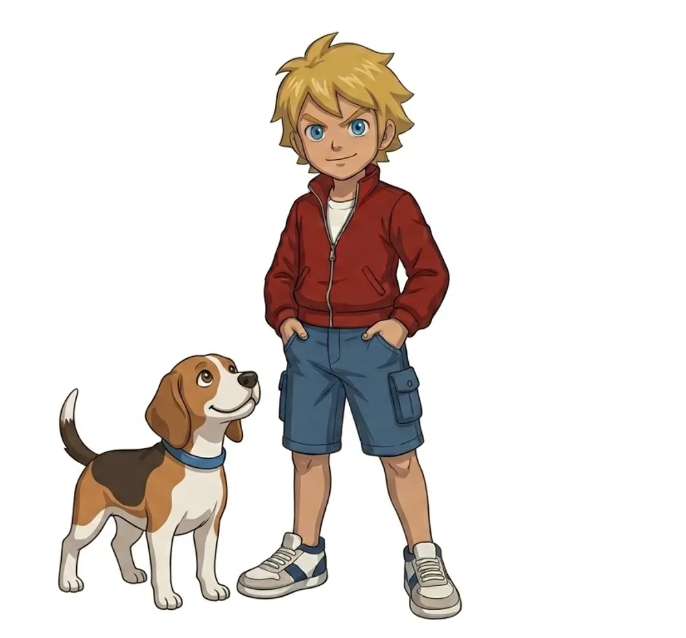 穿红色外套的蛋头和他的小猎犬站在一起